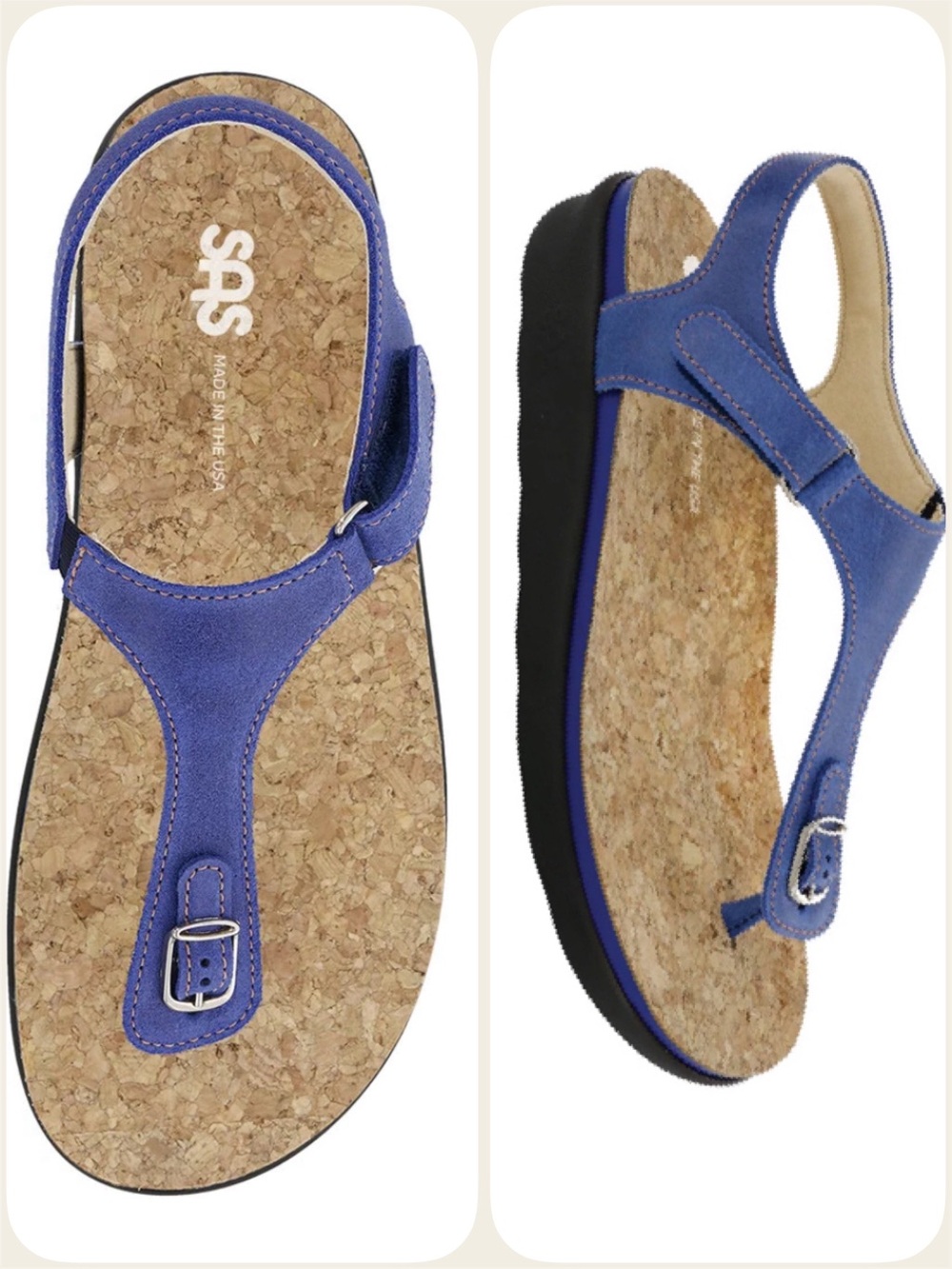 Blue Suede SAS Marina T-Strap Comfort Sandals with Cork Footbed - 8.5 -